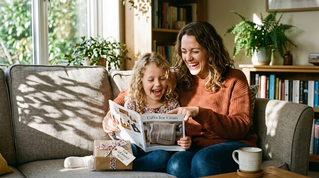 Smiling mother and young daughter browsing gift catalog together on couch, preparing present for grandmother on Grandparents Day.