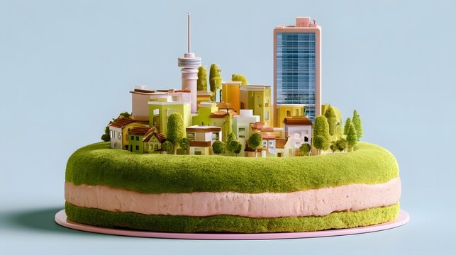 A whimsical miniature cityscape crafted on top of a layered green cake with pink frosting
