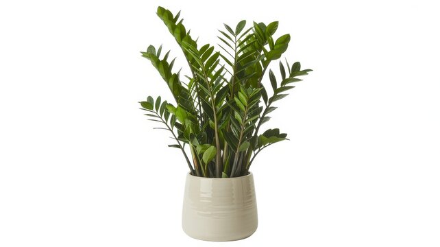 Zamioculcas zamiifolia plant in a ceramic pot isolated on a white background for interior decoration and home office styling