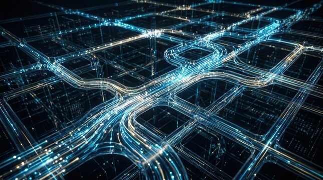 Abstract digital visualization of glowing light particles moving through a complex network grid.