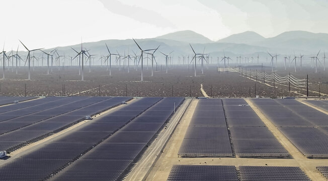 View of a large-scale solar panel farm and numerous wind turbines stretching across the desert landscape under a clear sky in Palm Desert, California, United States.