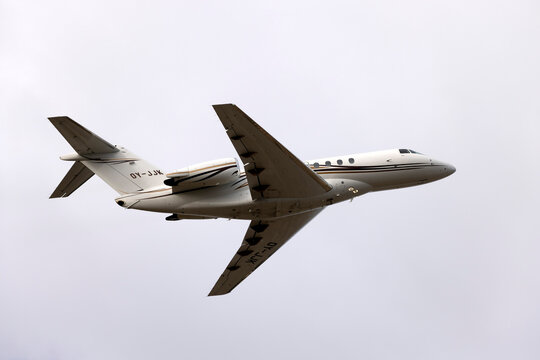 Luqa, Malta - May 27, 2021: JoinJet Hawker Beechcraft 4000 (REG: OY-JJK) departing runway 13 on a cloudy day.
