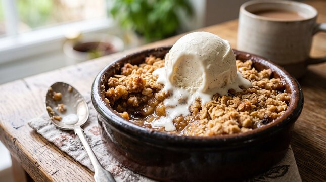 Warm apple crumble with ice cream melting on top served in a rustic ceramic bowl on a wooden table with soft window light for a cozy comfort food concept