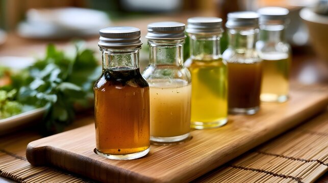 Five small glass bottles filled with various colored liquids sit on a wooden cutting board next to fresh green herbs