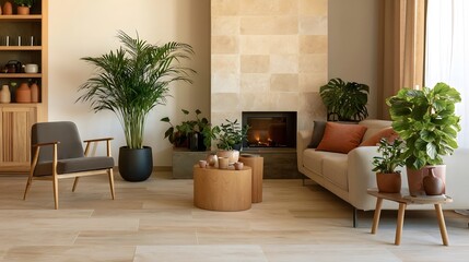 Fototapeta premium A serene modern living room featuring a stone fireplace wooden furniture and lush green plants under warm ambient lighting