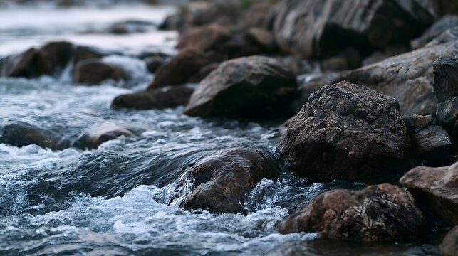 Water flows dynamically around dark textured rocks in a natural outdoor setting with detailed surface ripples and organic shapes