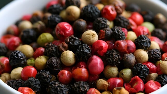 A vibrant mix of whole peppercorns including black  red  white  and green varieties piled together