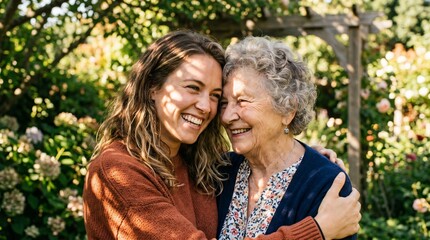 Fototapeta premium Young woman hugging her smiling grandmother outdoors in a sunny garden, sharing love and multi-generational family connection on Grandparents Day.