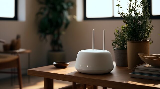 A sleek white wireless router sits on a wooden table beside potted plants and books in a softly lit room