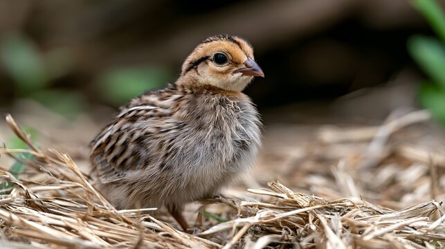 A young quail chick stands alert on dry grass  its fluffy brown and white feathers catching soft natural light