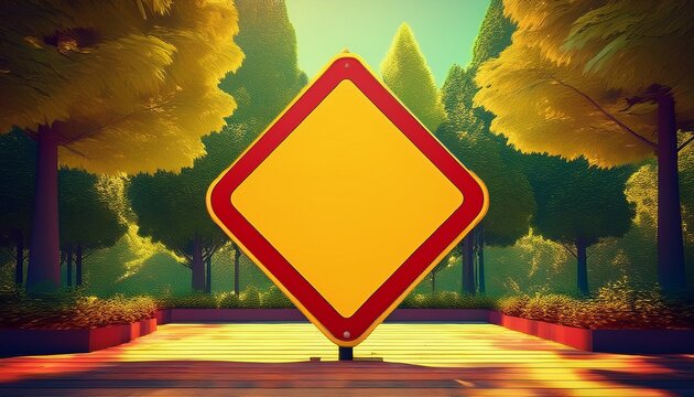 blank yield sign stands outdoors yellow triangle has red border green trees create natural background empty road sign allows customization traffic concept supports safety designs