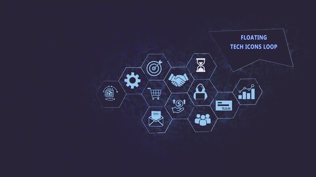 Dynamic digital business network infographic with floating hexagonal tech abstract hud interface global connectivity concepts, and modern corporate data visualization motion