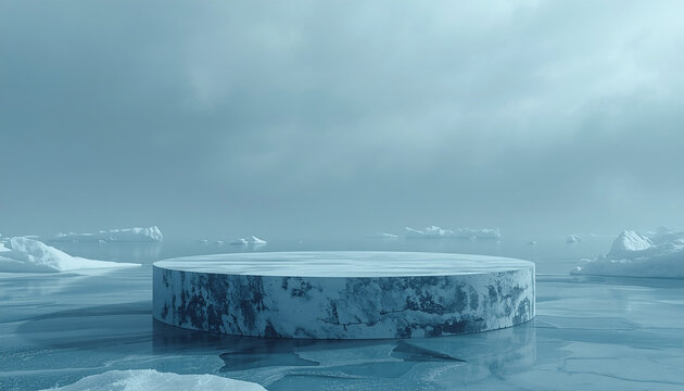 Cool ice and snow podium stage on a frozen arctic landscape background with glaciers and overcast sky, perfect for winter product presentation and commercial cosmetic mockups