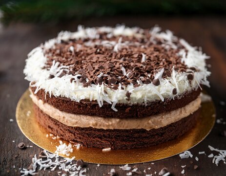delicious dessert featuring chocolate layers topped with creamy frosting chocolate chips and coconut flakes perfect for sweet cravings