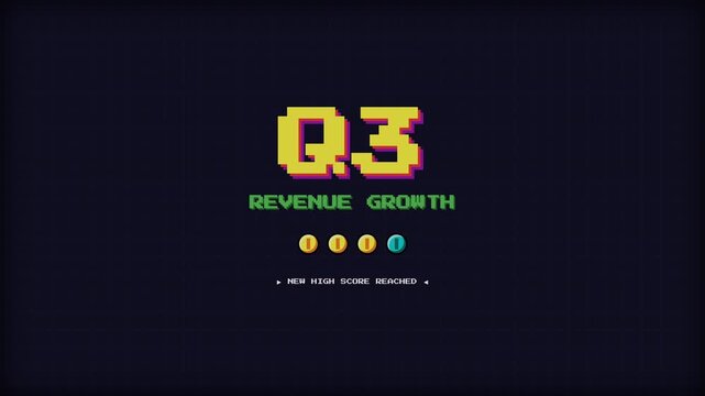 8-bit retro video game style animation displaying Q3 revenue growth with coins and new high score text