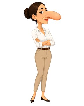 A full-body cartoon illustration of a confident woman wearing a white shirt and beige pants, featured with an exaggerated long nose