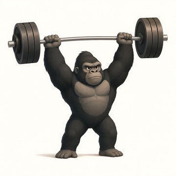 Cute cartoon gorilla lifting a heavy barbell over its head with a determined expression, isolated on a white background.