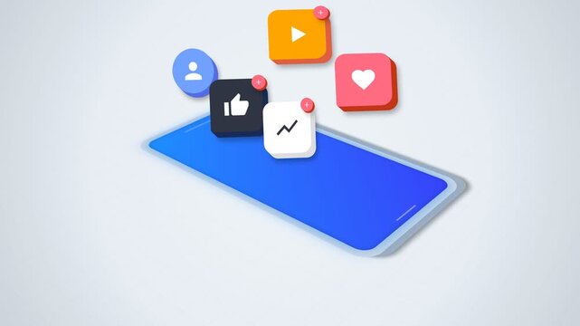 Social media notification icons popping up on isometric smartphone screen