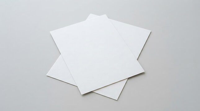 Two blank white sheets of paper overlapping on a light gray surface for mockups and presentations