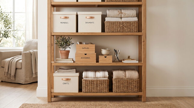 Organized home storage solutions featuring neatly arranged shelves with woven baskets, storage boxes, and folded linens, creating a clean and tidy living space