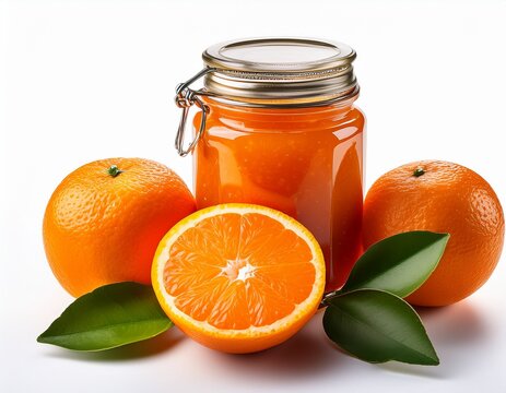 juicy oranges and a jar of orange jam with green leaves isolated on a white background