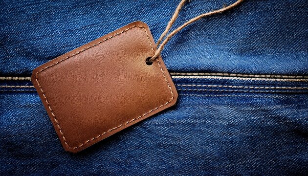 fashion background with empty copy space for graphic design blank leather label tag blue jeans denim texture with thread sew lines brown clothing tag