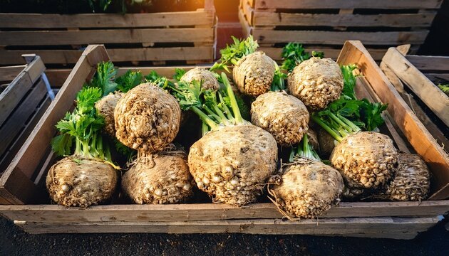celery root vegetables stacked in crates after harvest fresh celeriac produce for cooking and nutrition natural food background with agricultural farming and market supply