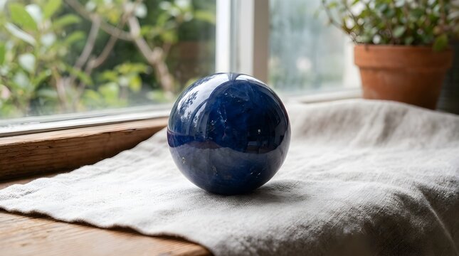 Deep blue mineral crystal sphere resting on linen cloth by sunny window sill, polished lapis lazuli orb reflecting garden greenery for holistic healing, meditation, and interior decoration
