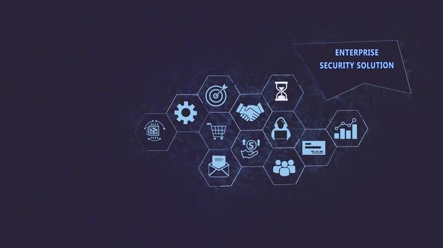 Enterprise security solution digital infographic with animated hexagonal representing cybersecurity, data protection, network infrastructure, and corporate business strategy for modern tech