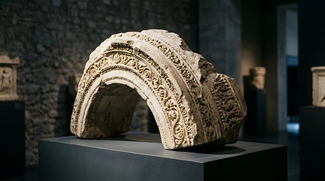 Ancient Roman carved marble arch fragment on dark pedestal in museum exhibit, classical stone masonry relief with intricate floral patterns showcasing historical art and architectural decay
