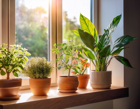 potted houseplants on sunny windowsill indoor gardening and home decoration green foliage and flowering plant growing in natural light cozy living space with healthy plants