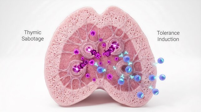 Cross section of human lung tissue illustrating thymus atrophy and pulmonary disease