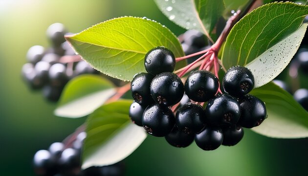 black elderberry fruit on green branch concept fresh black chokeberries with leaves glistening with dew