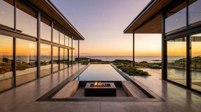 Modern coastal villa exterior with a stunning infinity pool and fire pit at a beautiful sunset hour.