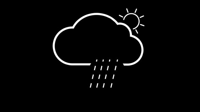 Animated line art icon of rain falling from a cloud with the sun peeking behind, sun and rain weather icon. simple line art icon animation.