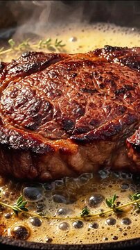 Sizzling ribeye steak cooking in skillet with melted butter and herbs beef meat thyme food pan beef meat thyme food pan