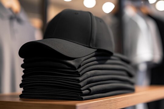 Black cap on a neatly folded stack of black shirts on a wooden shelf in a clothing store