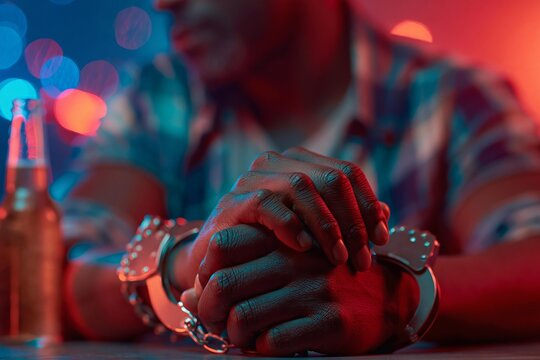 A handcuffed man sitting with a bottle of alcohol in a dimly lit room with neon lights, representing themes of crime and addiction