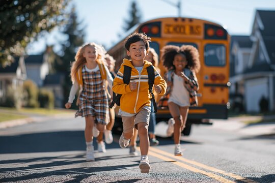Children happily run towards a school bus after school