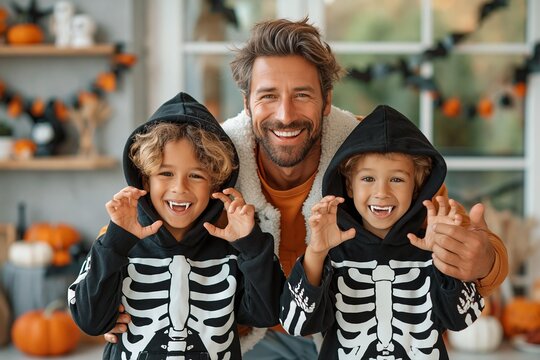 Father and two sons dressed as skeletons for Halloween, making funny faces and showing fangs