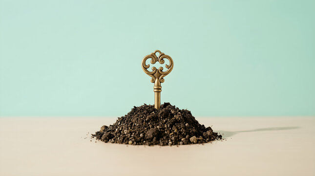 vintage golden key planted in soil key to success concept