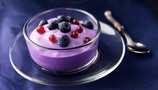 delicious purple dessert in a glass bowl featuring creamy texture with hints of vanilla and berries perfect for food photography