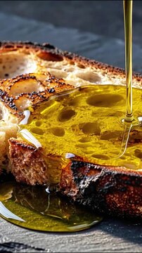 Pouring golden olive oil onto toasted sourdough bread slice toast liquid food crusty drizzle toast liquid food crusty drizzle