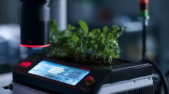 A digital device scans young green plants growing in soil within a controlled environment for precise agricultural analysis