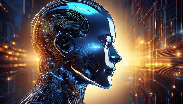 futuristic robot profile with glowing circuits against a digital backdrop symbolizing advanced technology and artificial intelligence