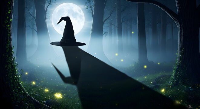 A mysterious silhouette of a witch hat casting a long shadow in a foggy moonlit forest scene