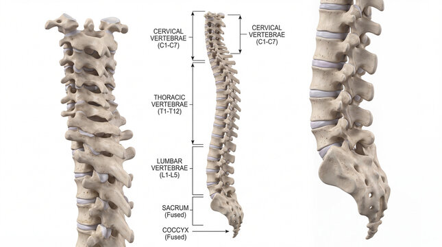 Detailed anatomical depiction of the human vertebral column showcasing cervical thoracic and lumbar regions along with sacrum and coccyx highlighting skeletal structure for medical and educational pur
