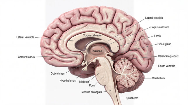 Sagittal View of Human Brain Anatomy Unveiling Intricate Neural Pathways and Cerebrum Structure A Visual Journey into Cognitive Function and Neurological Science Education.