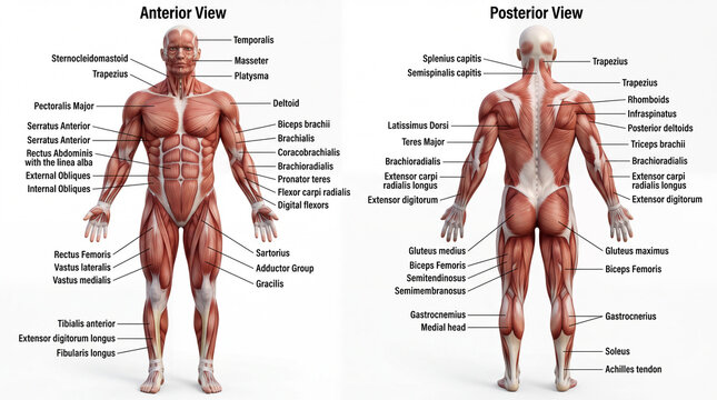 Anatomical Anterior Posterior Views Of Human Musculature Demonstrating Skeletal Muscle Anatomy With Labels For Educational Medical And Health Science Exploration And Study