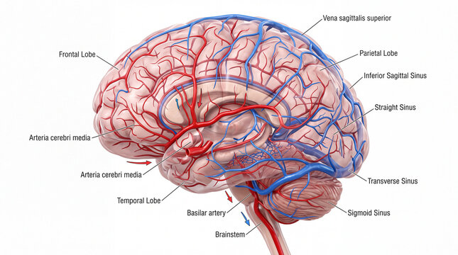 Intricate Vascular Network of the Human Brain Revealed A Detailed Anatomical Depiction Showcasing Arterial and Venous Systems Crucial for Neurological Function and Health Awareness